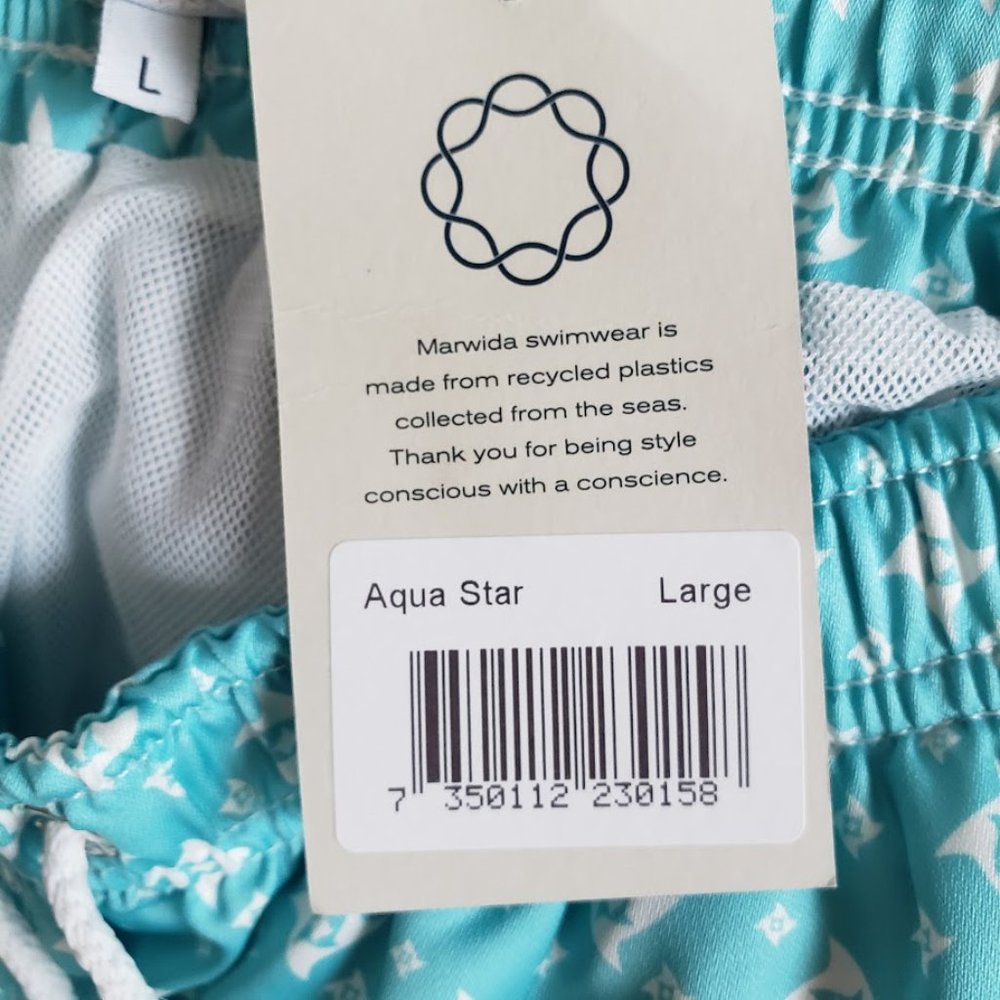 Marwida Mens Swim Trunks Large Aqua Star Luxury Recycled Fabric Pockets NEW - Picture 8 of 11